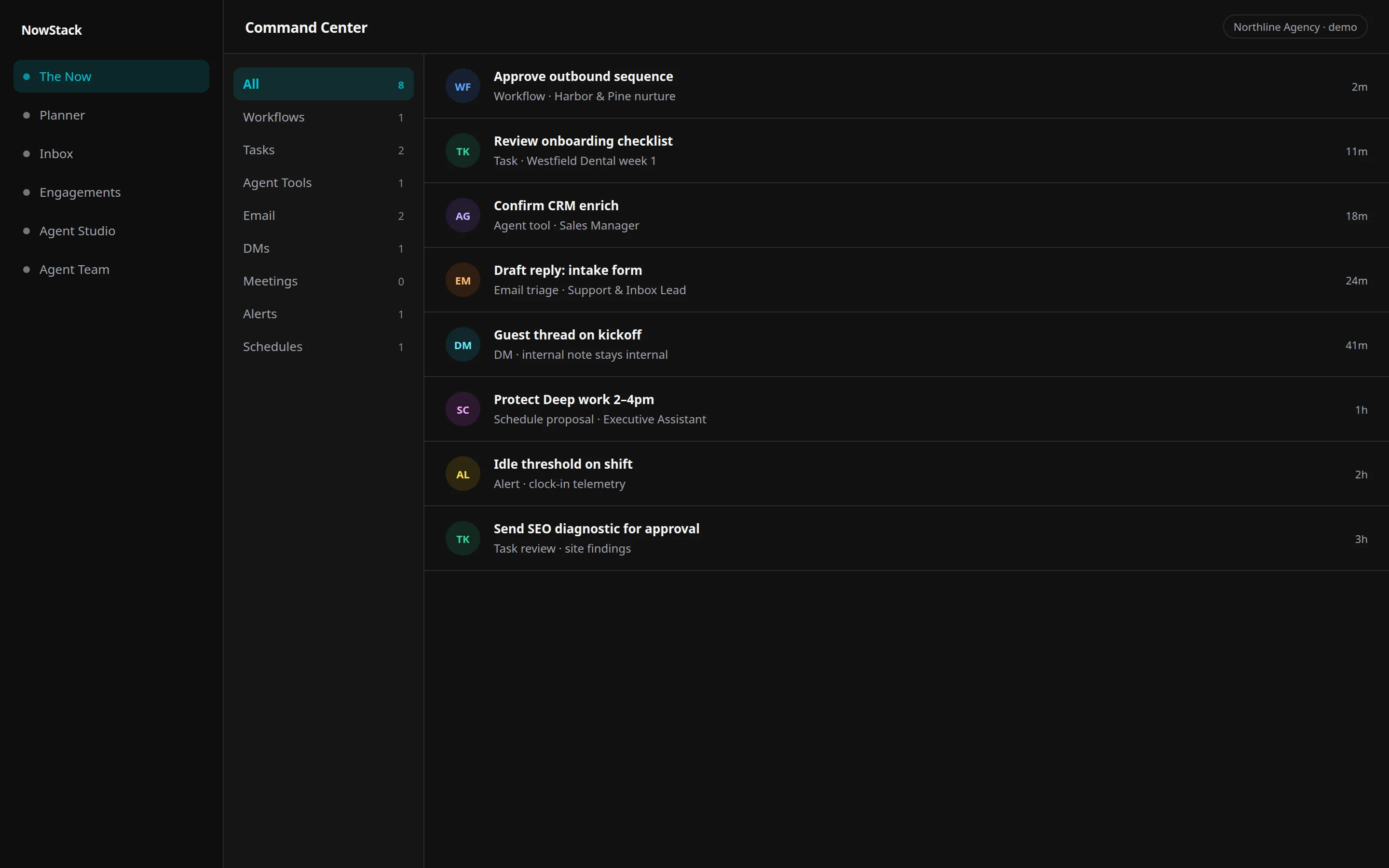 Command Center feed with human-in-the-loop approval cards
